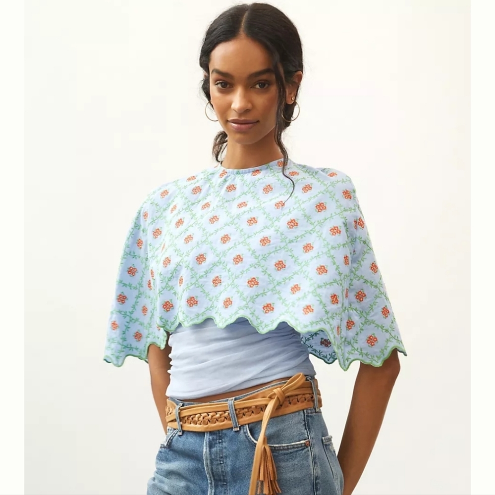 Anthropologie Faraway Embroidered Cape - baby blue